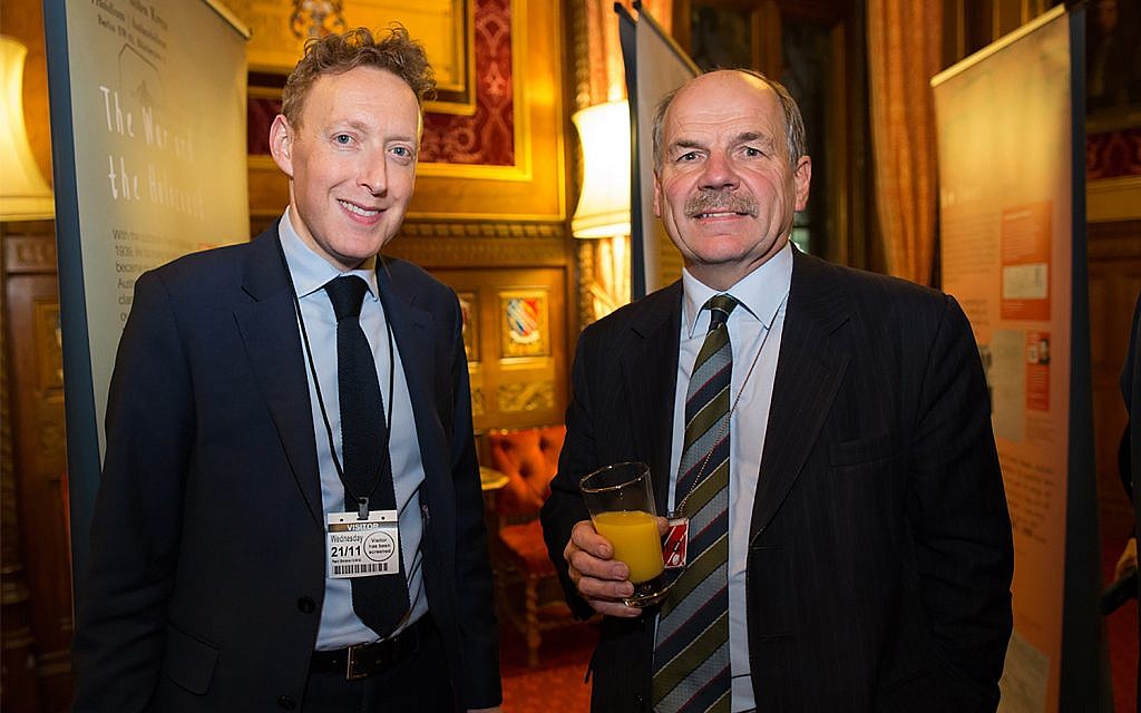 The Association of Jewish Refugees' Michael Newman, right, and British politician John Attlee in London November 21, 2018. (Courtesy of AJR) The Association of Jewish Refugees' Michael Newman, right, and British politician John Attlee in London November 21, 2018. (Courtesy of AJR)