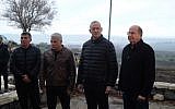 Blue and White party members (L-R) Gabi Ashkenazi, Yair Lapid, Benny Gantz and Moshe Ya'alon during a press conference in the Golan Heights on March 4, 2019. (Judah Ari Gross/Times of Israel)