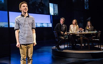 Andrew Barth Feldman performs in the titular role in 'Dear Evan Hansen' with, from left, Michael Park, Jennifer Laura Thompson and Mallory Bechtel. (Matthew Murphy/via JTA)