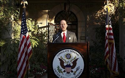 In this June 30, 2010, file photo, then US Consul General of Jerusalem Daniel Rubinstein gives a speech during a reception for the US Independence Day celebrations at the American Consulate in Jerusalem.  (Gali Tibbon/Pool Photo via AP)