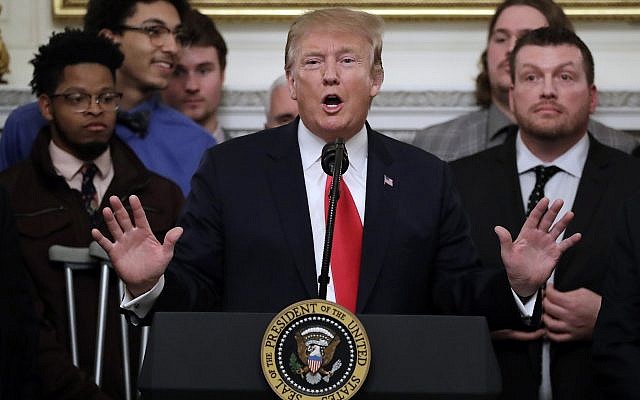 President Donald Trump speaks in the State Dining Room of the White House in Washington, Monday, March 4, 2019, as he welcomes 2018 NCAA FCS College Football Champions, The North Dakota State Bison. (AP Photo/Carolyn Kaster) President Donald Trump speaks in the State Dining Room of the White House in Washington, Monday, March 4, 2019, as he welcomes 2018 NCAA FCS College Football Champions, The North Dakota State Bison. (AP Photo/Carolyn Kaster)