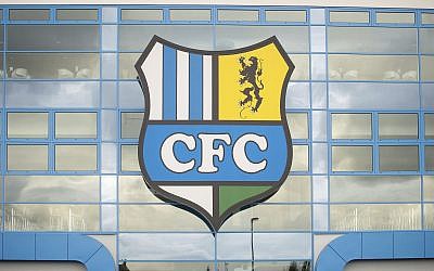 The logo of the Chemnitz FC soccer club at a stadium in Chemnitz, Germany. (Thomas Eisenhuth/ dpa via AP, File)