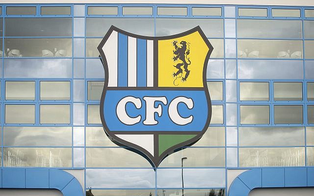 The logo of the Chemnitz FC soccer club at a stadium in Chemnitz, Germany. (Thomas Eisenhuth/ dpa via AP, File) The logo of the Chemnitz FC soccer club at a stadium in Chemnitz, Germany. (Thomas Eisenhuth/ dpa via AP, File)