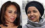 This combination photo shows Fox News host Jeanine Pirro at the HBO Documentary Series premiere of "THE JINX: The Life and Deaths of Robert Durst" in New York on Jan. 28, 2015, left, and Rep. Ilhan Omar, D-Minn., at a rally outside the Capitol in Washington on March 8, 2019. (AP Photo)