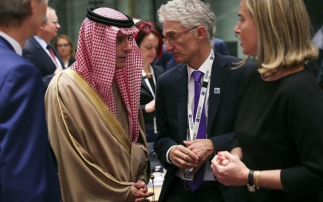 Saudi Arabia's Foreign Minister Adel Al-Jubeir, left, talks to UN Under-Secretary-General for Humanitarian Affairs Mark Lowcock, center, and European Union foreign policy chief Federica Mogherini, right, during a Syria donors conference at the European Council headquarters in Brussels, March 14, 2019. (AP Photo/Francisco Seco) Saudi Arabia's Foreign Minister Adel Al-Jubeir, left, talks to UN Under-Secretary-General for Humanitarian Affairs Mark Lowcock, center, and European Union foreign policy chief Federica Mogherini, right, during a Syria donors conference at the European Council headquarters in Brussels, March 14, 2019. (AP Photo/Francisco Seco)
