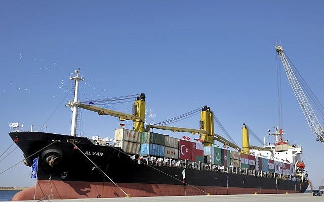A cargo ship is docked during the inauguration ceremony of the newly built extension in the port of Chabahar on the Gulf of Oman, southeastern Iran, near the Pakistani border, December 3, 2017. (AP Photo/Ebrahim Noroozi) A cargo ship is docked during the inauguration ceremony of the newly built extension in the port of Chabahar on the Gulf of Oman, southeastern Iran, near the Pakistani border, December 3, 2017. (AP Photo/Ebrahim Noroozi)