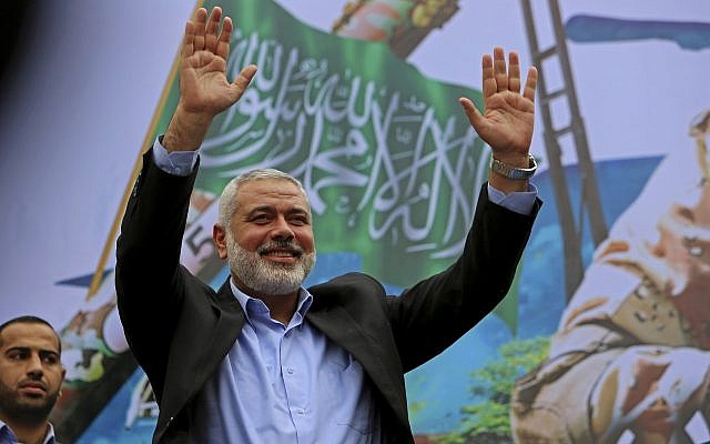 In this photo from December 12, 2014, Hamas leader Ismail Haniyeh greets supporters during a rally to commemorate the 27th anniversary of the Palestinian terror group, at the main road in Jebaliya in the northern Gaza Strip. (AP Photo/Adel Hana, File) In this photo from December 12, 2014, Hamas leader Ismail Haniyeh greets supporters during a rally to commemorate the 27th anniversary of the Palestinian terror group, at the main road in Jebaliya in the northern Gaza Strip. (AP Photo/Adel Hana, File)