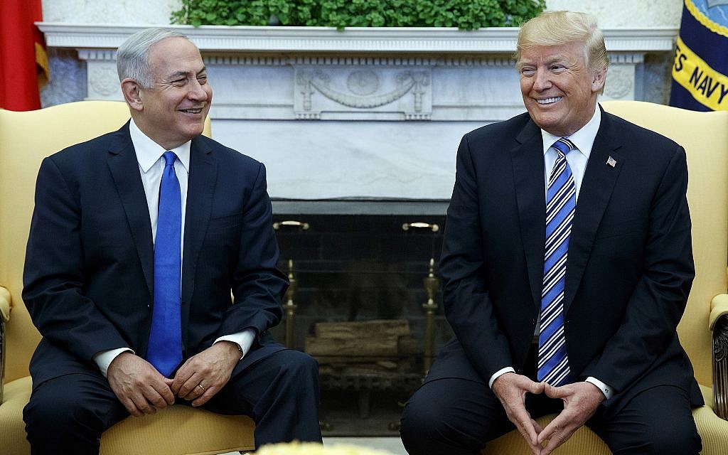 US President Donald Trump (right) meets with Prime Minister Benjamin Netanyahu, in the Oval Office of the White House, March 5, 2018, in Washington. (AP/Evan Vucci) US President Donald Trump (right) meets with Prime Minister Benjamin Netanyahu, in the Oval Office of the White House, March 5, 2018, in Washington. (AP/Evan Vucci)