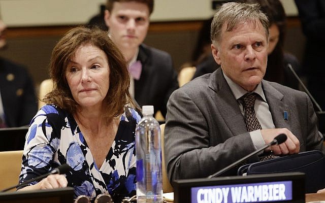 Fred Warmbier, right, and Cindy Warmbier, parents of Otto Warmbier, a Jewish American who died days after his release from captivity in North Korea, wait for a meeting on May 3, 2018, at the United Nations headquarters. (AP Photo/Frank Franklin II) Fred Warmbier, right, and Cindy Warmbier, parents of Otto Warmbier, a Jewish American who died days after his release from captivity in North Korea, wait for a meeting on May 3, 2018, at the United Nations headquarters. (AP Photo/Frank Franklin II)