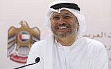 Emirati Minister of State for Foreign Affairs Anwar Gargash speaks to journalists in Dubai, United Arab Emirates, June 18, 2018. (AP Photo/Jon Gambrell)