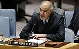 Syria's UN Ambassador Bashar Jaafari addresses the United Nations Security Council, at UN headquarters, January 22, 2019. (AP Photo/Richard Drew)