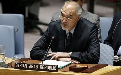 Syria's UN Ambassador Bashar Jaafari addresses the United Nations Security Council, at UN headquarters, January 22, 2019. (AP Photo/Richard Drew)