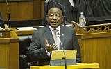 South African President Cyril Ramaphosa makes his State of the Nation address in parliament, in Cape Town, South Africa, February 7, 2019.  (Rodger Bosch, Pool via AP)