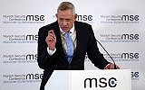Benny Gantz speaking at the International Security Conference in Munich, Germany, Sunday, February 17, 2019. (AP/Matthias Schrader)