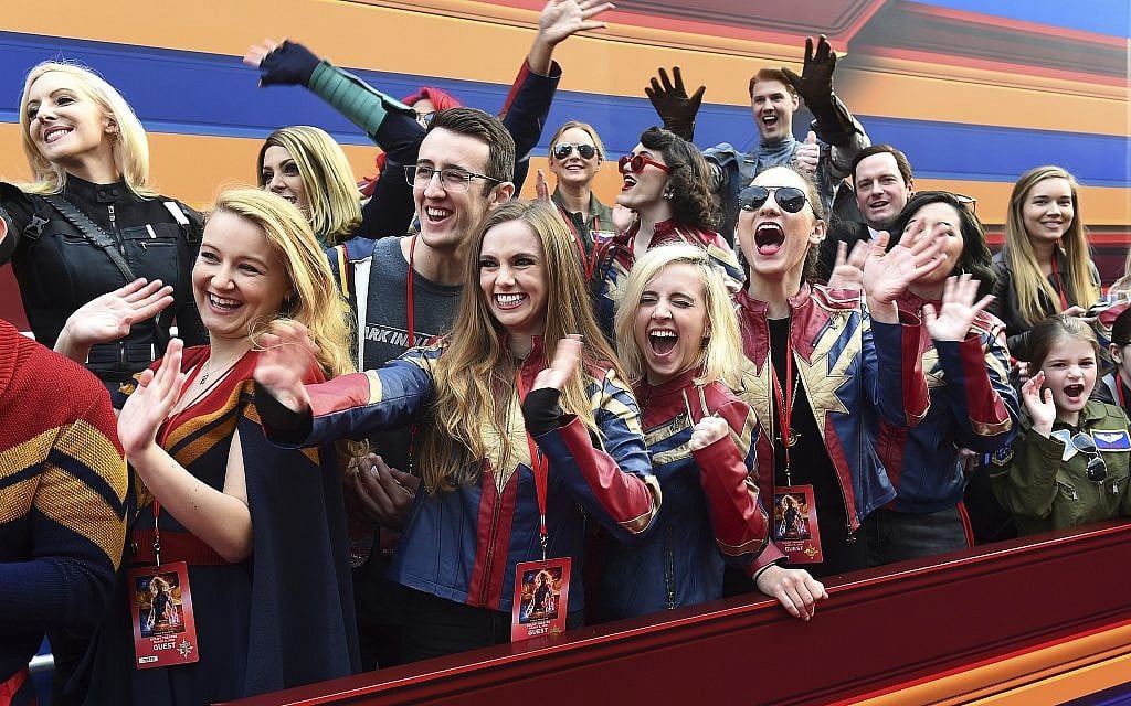 Fans cheer at the world premiere of 'Captain Marvel' on March 4, 2019, at the El Capitan Theatre in Los Angeles. (Photo by Jordan Strauss/Invision/AP)