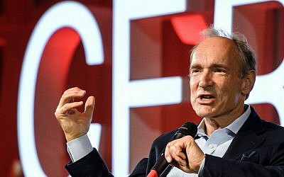 Computer scientist Tim Berners-Lee, best known as the inventor of the World Wide Web, delivers a speech during an event at the CERN in Meyrin near Geneva, Switzerland, March 12, 2019 (Fabrice Coffrini/Pool, Keystone via AP)
