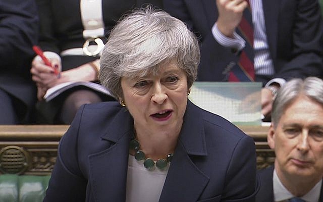 Britain's Prime Minister Theresa May speaks during Prime Minister's Questions inside the House of Commons in London, March 13, 2019 (House of Commons/PA via AP) Britain's Prime Minister Theresa May speaks during Prime Minister's Questions inside the House of Commons in London, March 13, 2019 (House of Commons/PA via AP)