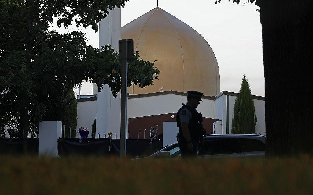 A police officer stands guard in front of the Masjid Al Noor mosque in Christchurch, New Zealand, Sunday, March 17, 2019. (AP/Vincent Yu) A police officer stands guard in front of the Masjid Al Noor mosque in Christchurch, New Zealand, Sunday, March 17, 2019. (AP/Vincent Yu)