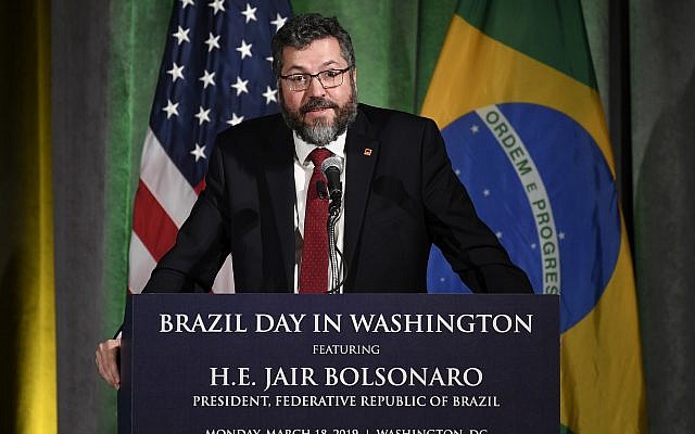 Brazil's Foreign Minister Ernesto Araujo speaks at the Chamber of Commerce in Washington, March 18, 2019. (Susan Walsh/AP) Brazil's Foreign Minister Ernesto Araujo speaks at the Chamber of Commerce in Washington, March 18, 2019. (Susan Walsh/AP)
