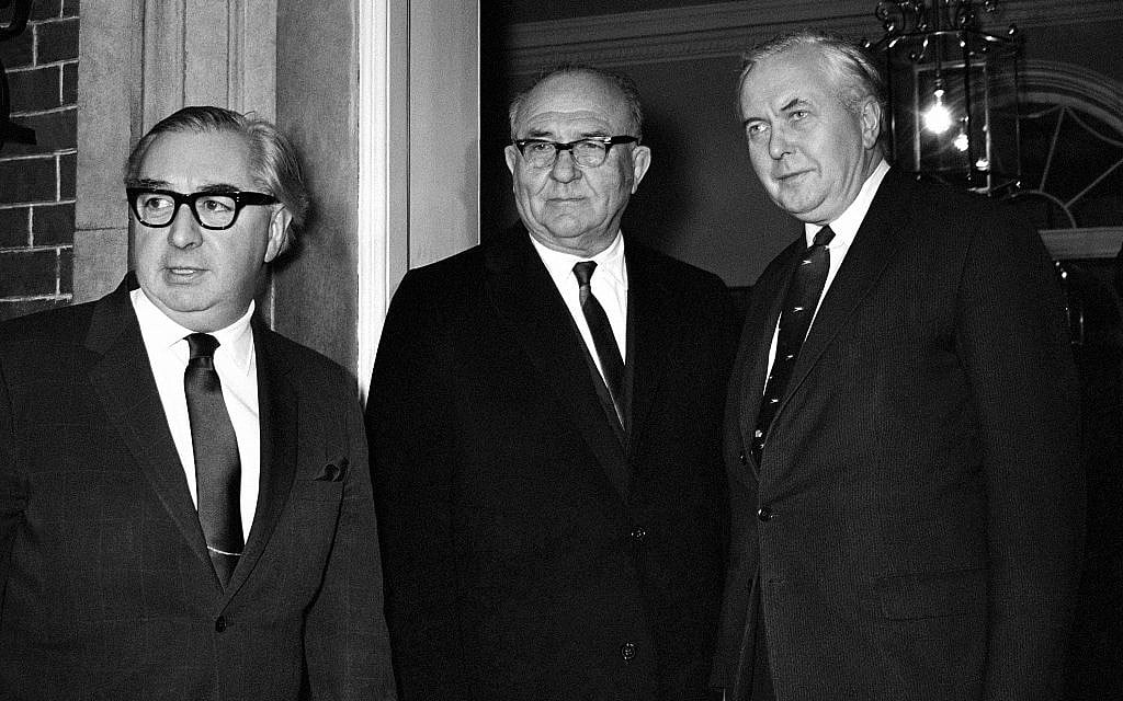 Israel's prime minister Levi Eshkol, center, with British foreign secretary George Brown, left, and British prime minister Harold Wilson, at No. 10, Downing Street, London, January 17, 1968. (AP Photo/Str/Tewkesbury)