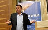 Labor party leader Avi Gabbai addresses an event in Tel Aviv sponsored in part by the Times of Israel on March 31, 2019.  (Melanie Lidman/Times of Israel)