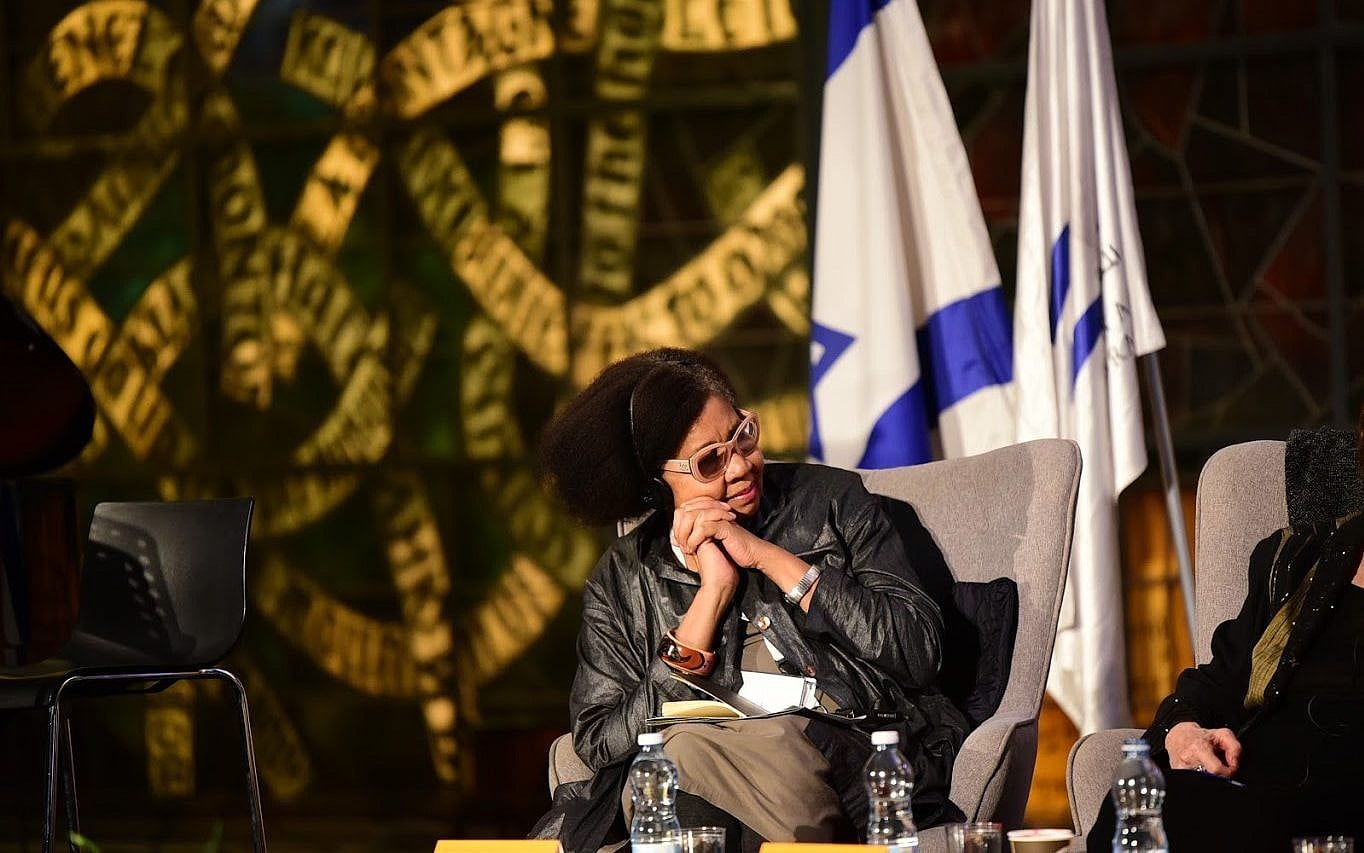 Jamaica Kincaid listens during a panel on migration at the National Library of Israel's Global Forum, March 18, 2019. (Yonatan Kelberman) Jamaica Kincaid listens during a panel on migration at the National Library of Israel's Global Forum, March 18, 2019. (Yonatan Kelberman)
