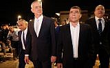 From left to right: Yair Lapid, Benny Gantz, Gabi Ashkenazi and Moshe Ya'alon of the Blue and White party arrive to give a joint a statement in Tel Aviv on February 21, 2019. (Noam Revkin Fenton/Flash90)