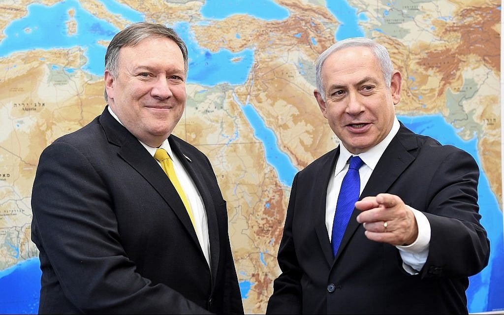 US Secretary of State Mike Pompeo (L) meets with Prime Minister Benjamin Netanyahu in Tel Aviv on April 29, 2018. (Matty Stern/US Embassy Tel Aviv/Flash90) US Secretary of State Mike Pompeo (L) meets with Prime Minister Benjamin Netanyahu in Tel Aviv on April 29, 2018. (Matty Stern/US Embassy Tel Aviv/Flash90)