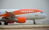 An easyJet flight seen taking off from Ben Gurion International Airport, on March 24, 2018. (Moshe Shai/FLASH90)