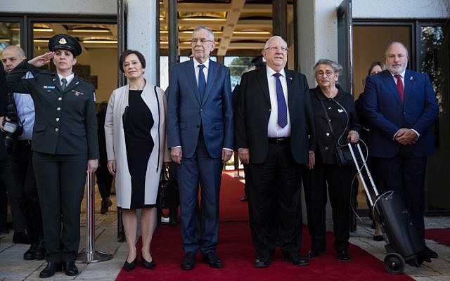 Israeli President Reuven Rivlin and his wife (3R) Nechama Rivlin during a welcome ceremony at the President's residence in Jerusalem for Austrian President Alexander Van der Bellen and his wife Doris Schmidauer (2L) on February 4, 2019. (Noam Revkin Fenton/Flash90) Israeli President Reuven Rivlin and his wife (3R) Nechama Rivlin during a welcome ceremony at the President's residence in Jerusalem for Austrian President Alexander Van der Bellen and his wife Doris Schmidauer (2L) on February 4, 2019. (Noam Revkin Fenton/Flash90)