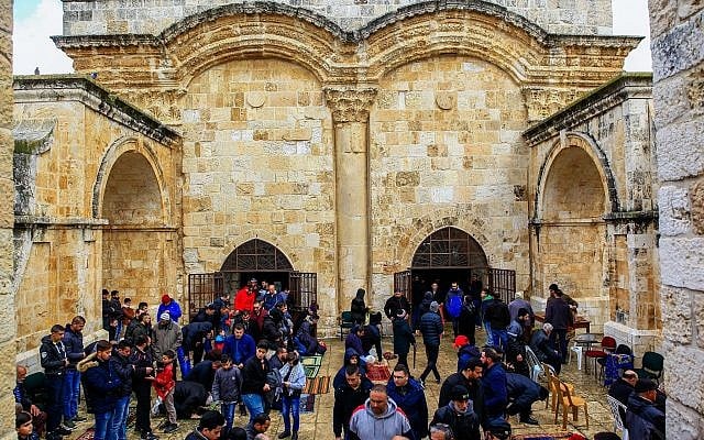 Palestinians take part in Friday prayers outside the Golden Gate, or Gate of Mercy entrance to the Temple Mount compound in Jerusalem's Old City, on March 1, 2019. (Sliman Khader/Flash90) Palestinians take part in Friday prayers outside the Golden Gate, or Gate of Mercy entrance to the Temple Mount compound in Jerusalem's Old City, on March 1, 2019. (Sliman Khader/Flash90)