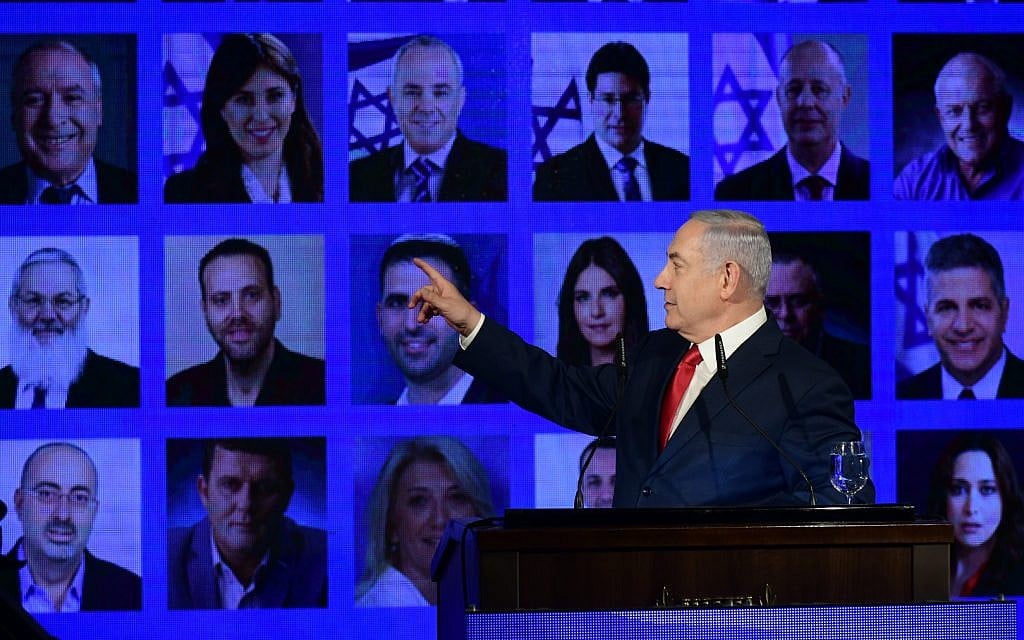 Prime Minister Benjamin Netanyahu at the launch of his Likud party's election campaign in Ramat Gan, March 4, 2019.(Aharon Krohn/Flash90) Prime Minister Benjamin Netanyahu at the launch of his Likud party's election campaign in Ramat Gan, March 4, 2019.(Aharon Krohn/Flash90)