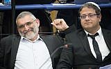 The Otzma Yehudit party's Michael Ben Ari (L) and Itamar Ben Gvir attend the Central Elections Committee for the 21st Knesset elections during a session to discuss a petition to disqualify them from running in the elections, at the Knesset, March 6, 2019 (Noam Revkin Fenton/Flash90)