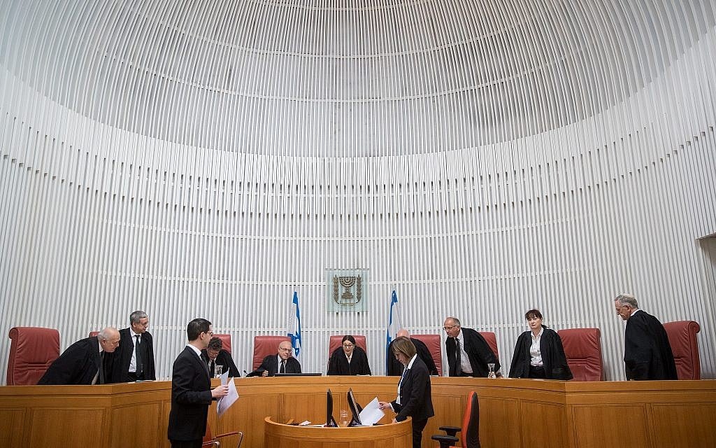 Illustrative: Israeli Supreme Court justices at a hearing on March 13, 2019. (Yonatan Sindel/ Flash90) Illustrative: Israeli Supreme Court justices at a hearing on March 13, 2019. (Yonatan Sindel/ Flash90)