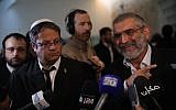 Otzma Yehudit party members Michael Ben Ari (R) and Itamar Ben Gvir speak to the media after a Supreme Court hearing on whether to disqualify them from running in the upcoming elections on March 14, 2019. (Hadas Parush/Flash90)