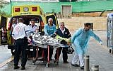 An Israeli man injured in a shooting attack in the northern West Bank is brought to Beilinson Hospital in Petah Tikva on March 17, 2019. (Flash90)