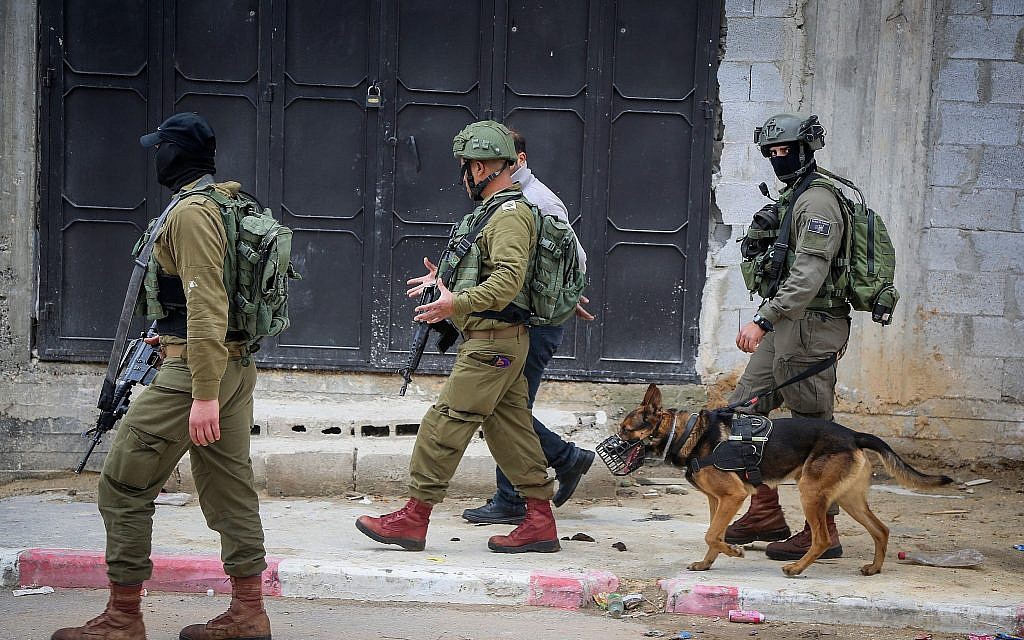IDF soldiers seen during a raid in the village of Bruqin near the West Bank town of Salfit on March 17, 2019. (Flash90) IDF soldiers seen during a raid in the village of Bruqin near the West Bank town of Salfit on March 17, 2019. (Flash90)