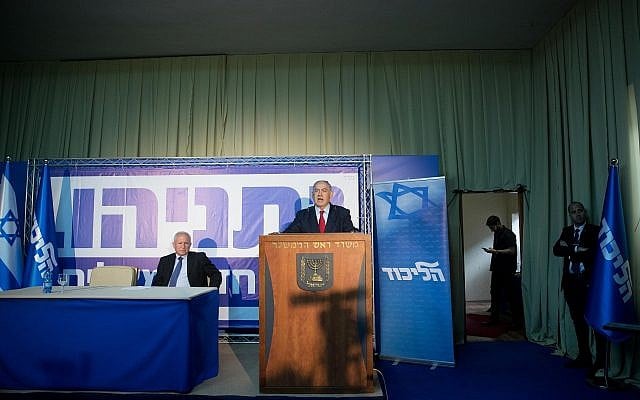 Prime Minister and head of the Likud party Benjamin Netanyahu delivers a statement to the media in the Prime Minister's Residence in Jerusalem on March 20, 2019, while standing in front of Likud election posters. ( Yonatan Sindel/Flash90) Prime Minister and head of the Likud party Benjamin Netanyahu delivers a statement to the media in the Prime Minister's Residence in Jerusalem on March 20, 2019, while standing in front of Likud election posters. ( Yonatan Sindel/Flash90)
