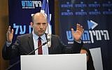 Education Minister Naftali Bennett speak at a press conference announcing the launch of his New Right party's 'New South' campaign, in Ashdod on March 26, 2019 (Yonatan Sindel/Flash90)
