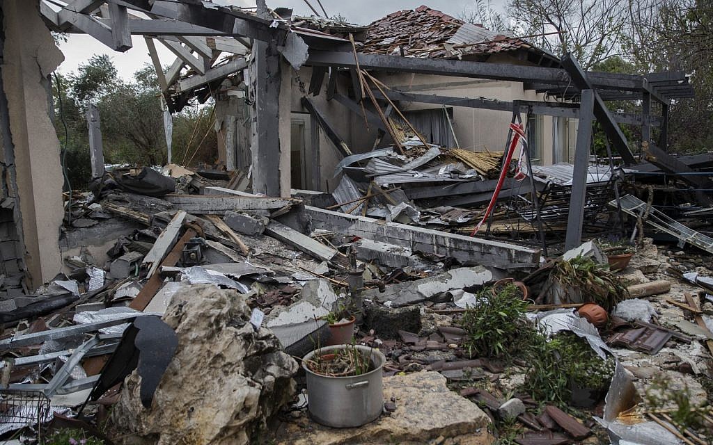 A rocket fired from the Gaza Strip leveled a home in Mishmeret, north of Tel Aviv, and injured seven on March 25, 2019. (Faiz Abu Rmeleh/Anadolu Agency/Getty Images/via JTA) A rocket fired from the Gaza Strip leveled a home in Mishmeret, north of Tel Aviv, and injured seven on March 25, 2019. (Faiz Abu Rmeleh/Anadolu Agency/Getty Images/via JTA)