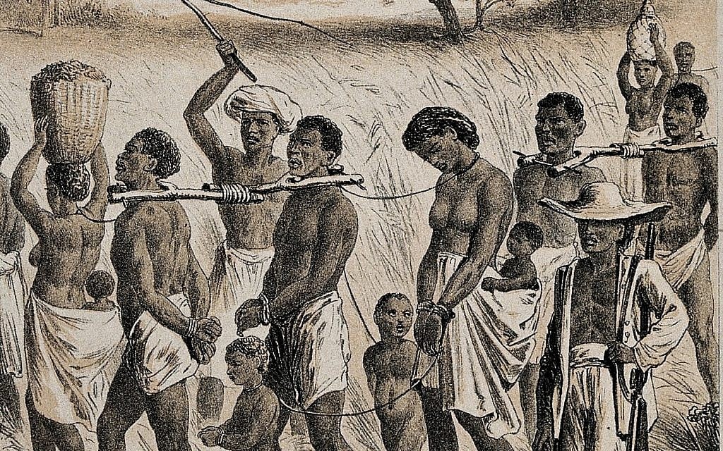 Illustrative: A lithograph, circa 1880, of a group of men, women, and children being taken to a slave market. (Wellcome collection) Illustrative: A lithograph, circa 1880, of a group of men, women, and children being taken to a slave market. (Wellcome collection)