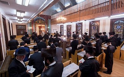 Illustrative: Congregants praying in Chevra Anshei Lubawitz in Borough Park, New York. (Courtesy David Shor)