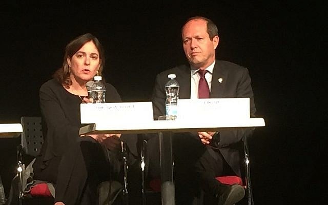 Panelists Caroline Glick (The New Right) and Nir Barkat (Likud) at a Times of Israel election debate in Jerusalem on March 18, 2019 (ToI staff) Panelists Caroline Glick (The New Right) and Nir Barkat (Likud) at a Times of Israel election debate in Jerusalem on March 18, 2019 (ToI staff)