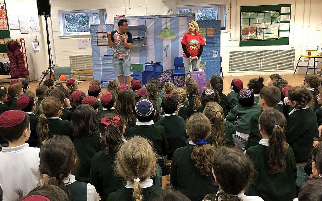Israeli actors from the Orna Porat theater perform in Hebrew for several Jewish schools in London, part of JNF UK's effort to bolster Israel and the Hebrew language as an antidote to anti-Semitism (Jessica Steinberg/ Times of Israel) Israeli actors from the Orna Porat theater perform in Hebrew for several Jewish schools in London, part of JNF UK's effort to bolster Israel and the Hebrew language as an antidote to anti-Semitism (Jessica Steinberg/ Times of Israel)