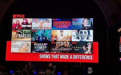 At the first session of INTV, the Innovative TV Conference in Jerusalem on March 11, 2019, with Netflix's Cindy Holland and Keshet's Avi Nir (Jessica Steinberg/Times of Israel)