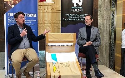 Zehut party chairman Moshe Feiglin (R) is interviewed by TOI political correspondent Raoul Wootliff in Tel Aviv on March 23, 2019. (Jacob Magid/Times of Israel)