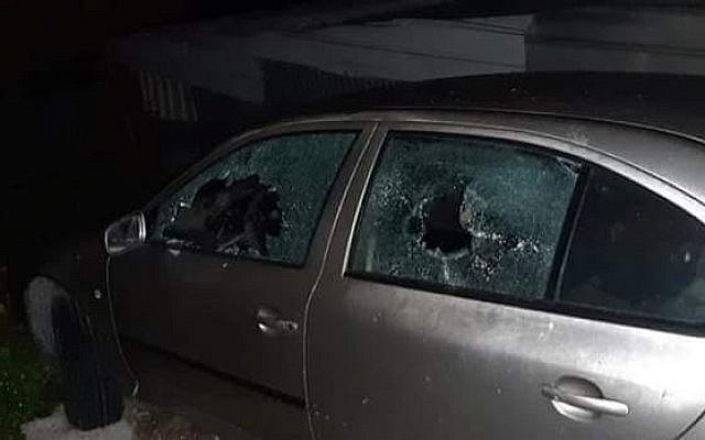 A Palestinian car damaged by rocks thrown at it, near the West Bank Palestinian village of Jinsafut, March 17, 2019. (Jinsafut Municipality) A Palestinian car damaged by rocks thrown at it, near the West Bank Palestinian village of Jinsafut, March 17, 2019. (Jinsafut Municipality)