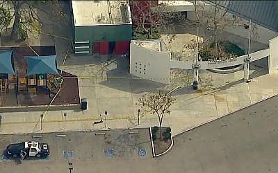Police in Los Angeles investigate a possible hate crime in Pan-Pacific Park after swastikas drawn in blood were discovered by a bathroom on March 4, 2019. (screen capture: KABC)