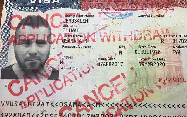 A photo of Osama Iliwat’s canceled visa after he was denied entry to the United States in February 2019. (Courtesy of Iliwat via JTA) A photo of Osama Iliwat’s canceled visa after he was denied entry to the United States in February 2019. (Courtesy of Iliwat via JTA)