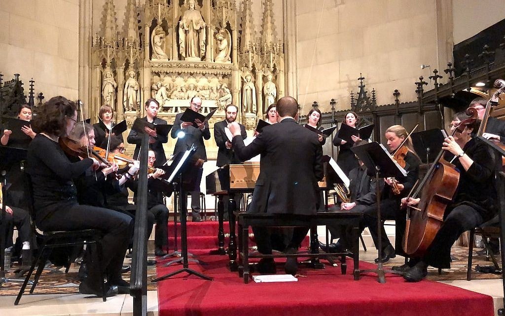 Dylan Sauerwald, at the harpsichord, conducted and directed the U.S.
East Coast debut of Lidarti's 'Esther,' at Boston's historic Emmanuel Church, an Episcopal congregation in the city's Back Bay, that is also home to Central Reform Temple.  (Credit Daniel Lieber/courtesy Miryam Ensemble)